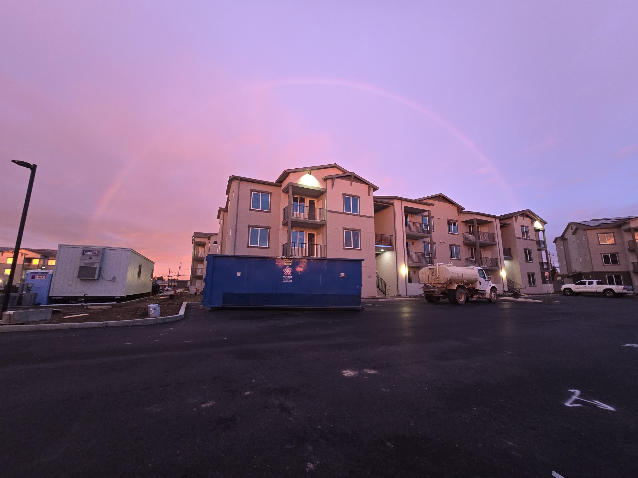 Multi-family exterior property at dusk